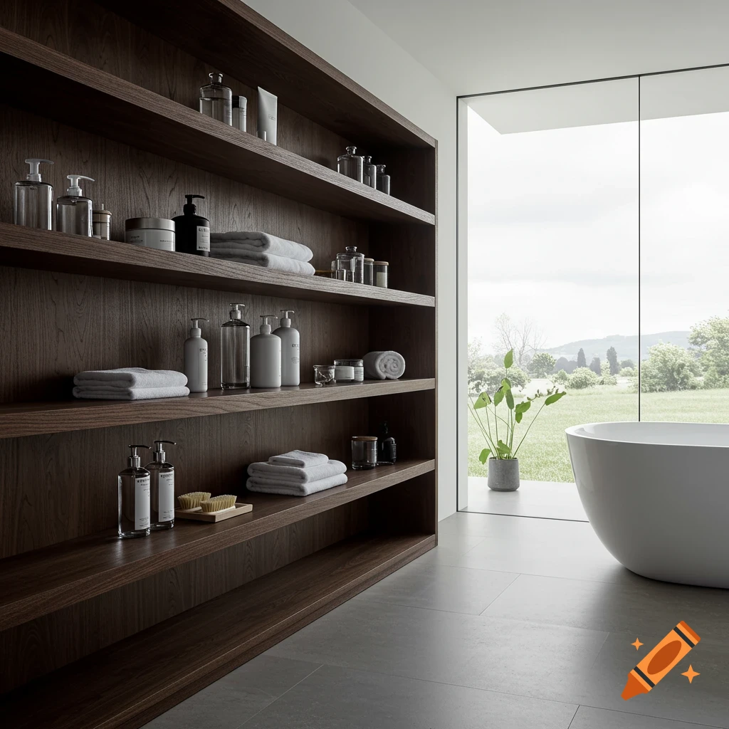 A modern bathroom with a large wooden shelf unit filled with towels and products next to a bathtub and window overlooking a landscape.