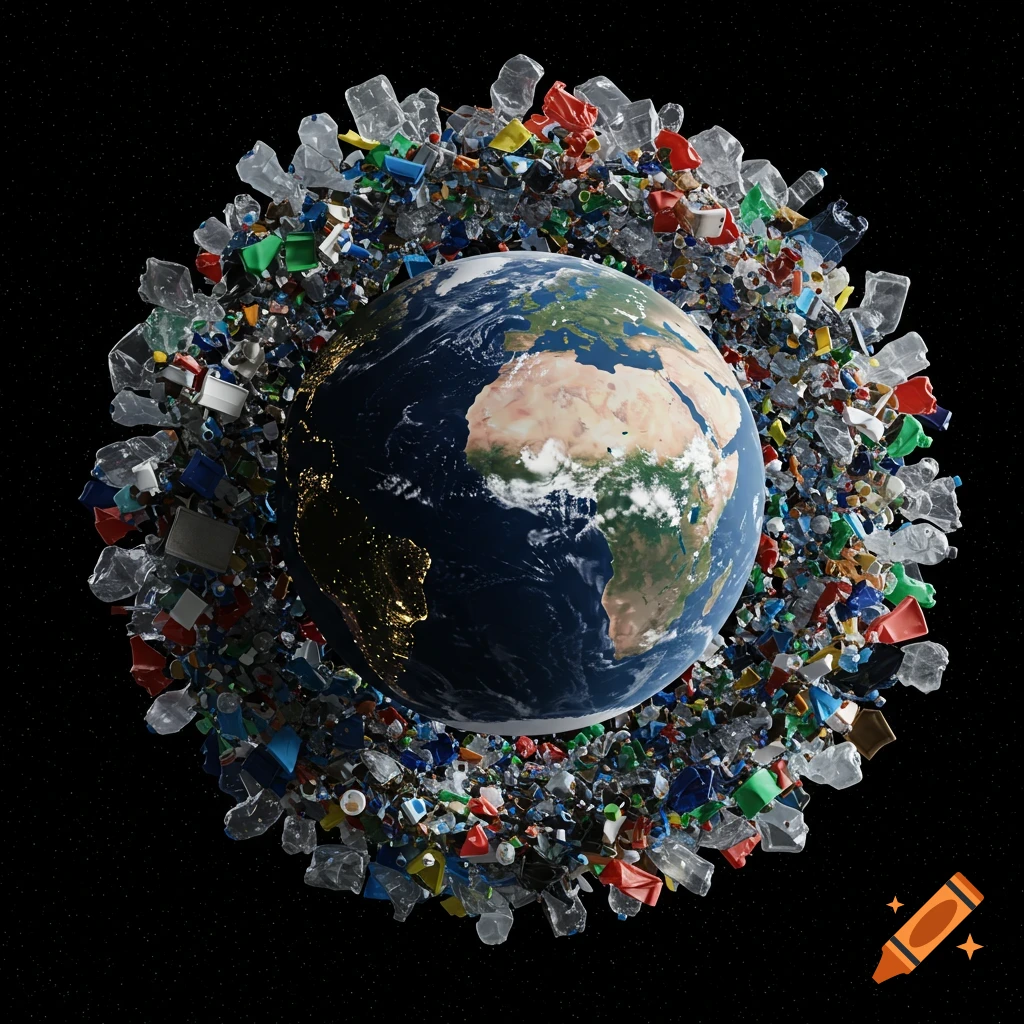 The Earth seen from space surrounded by a large ring of plastic waste.