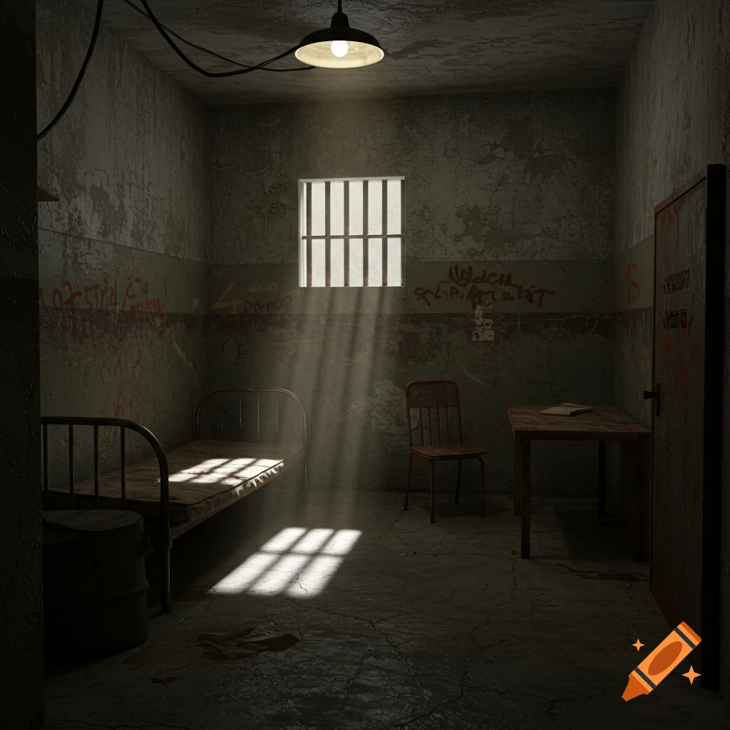 An empty, grunge prison room with a barred window casting light on a bed and floor.