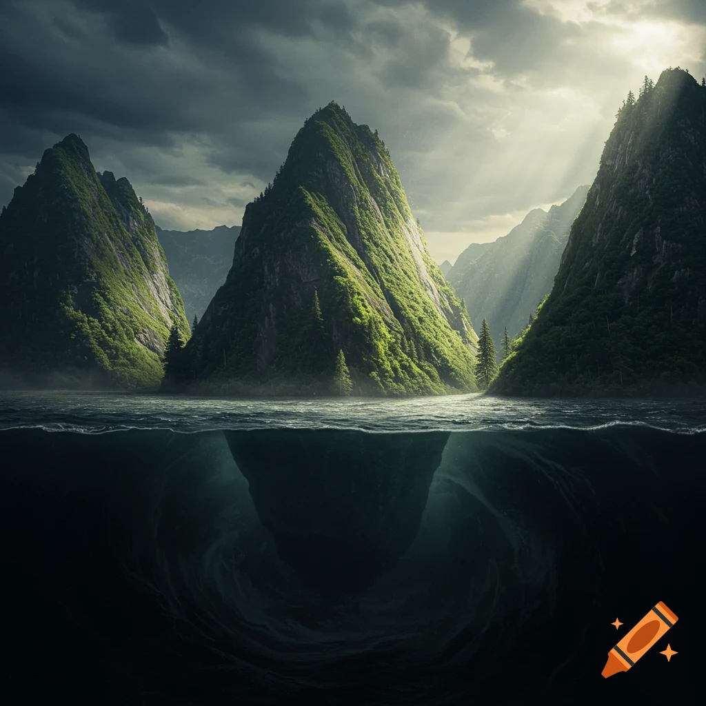 Dramatic view of mountains and forest sinking into the ocean, with an underwater vortex. Photorealistic style.