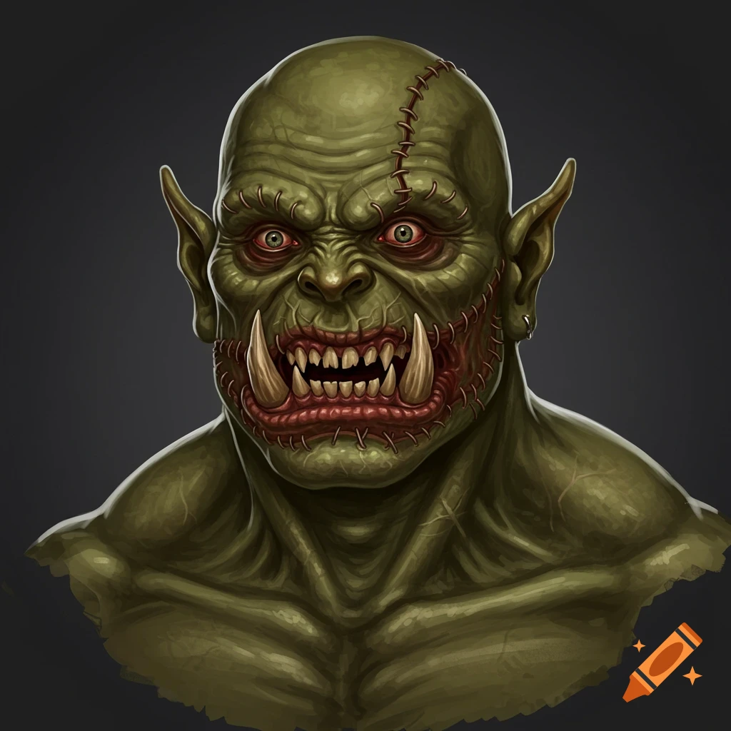 Bust portrait of a green orc with tusks and stitches.