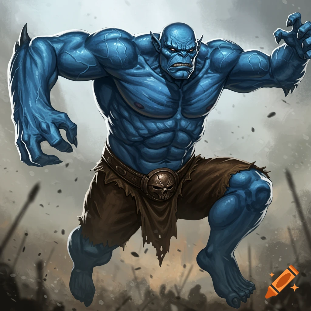 Blue muscular fantasy creature in torn shorts, standing ready for battle with spear-wielding figures in the background. Illustration.