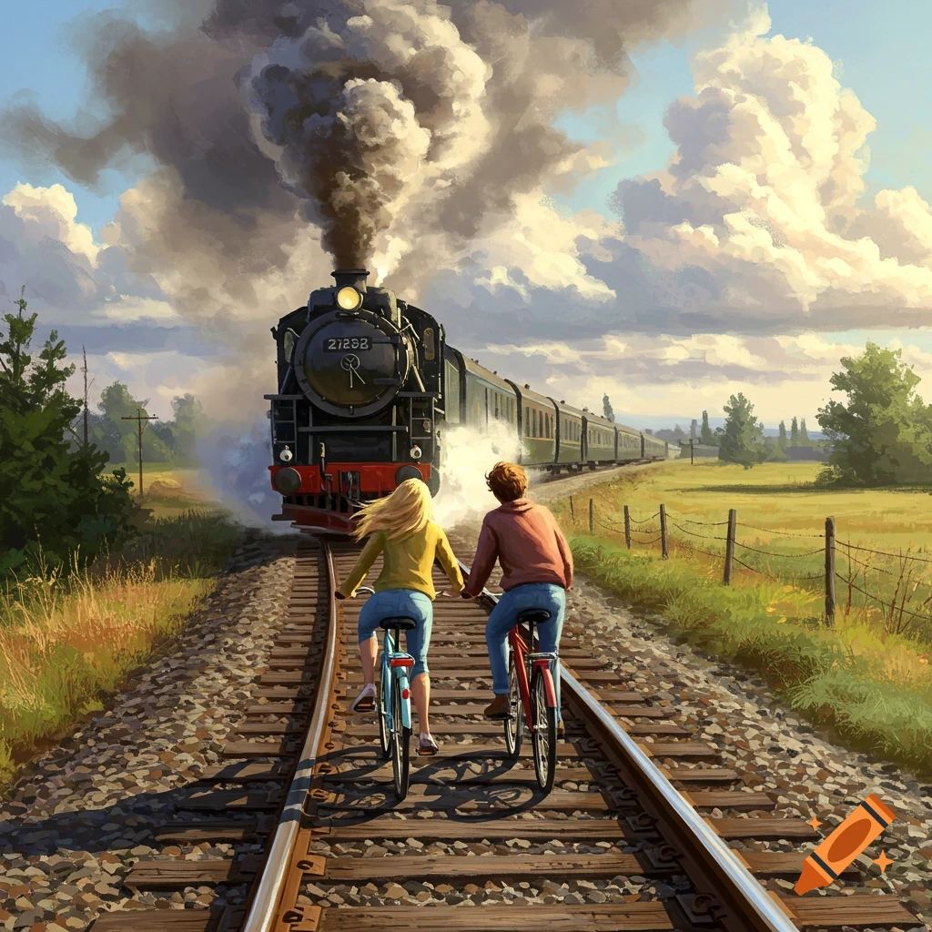 Illustration of a couple riding bicycles on railroad tracks as a steam train approaches