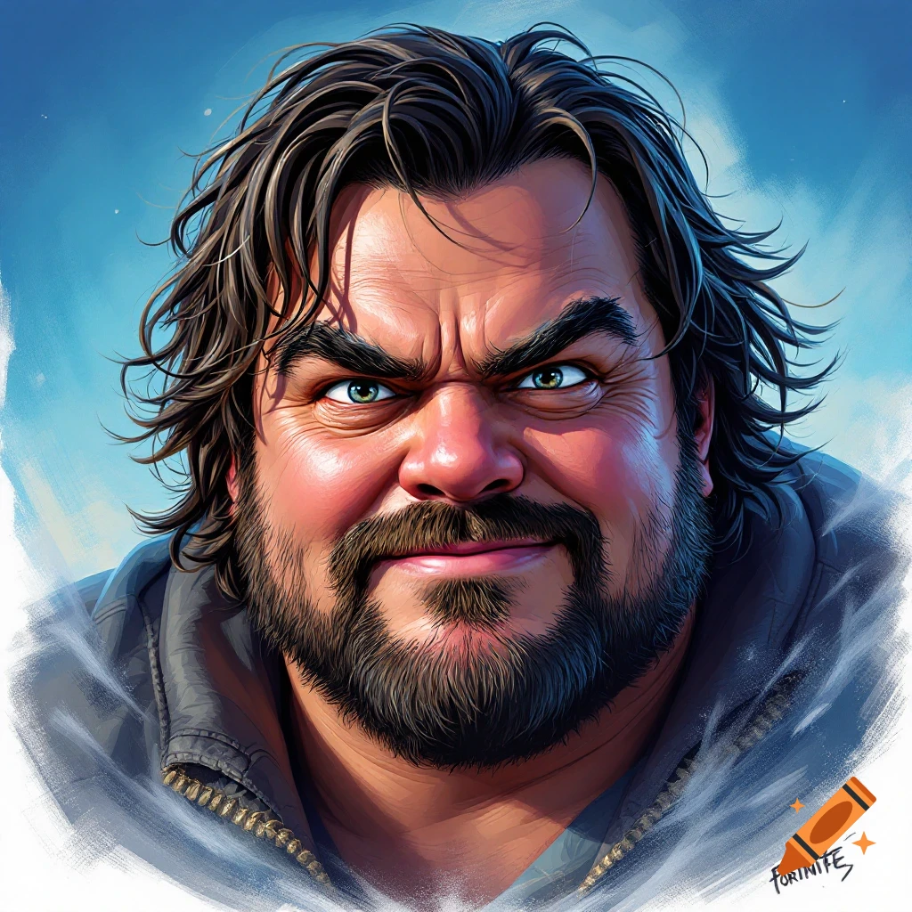 Stylized portrait of Jack Black with beard and messy hair in a bright, illustrative style, with Fortnite logo.