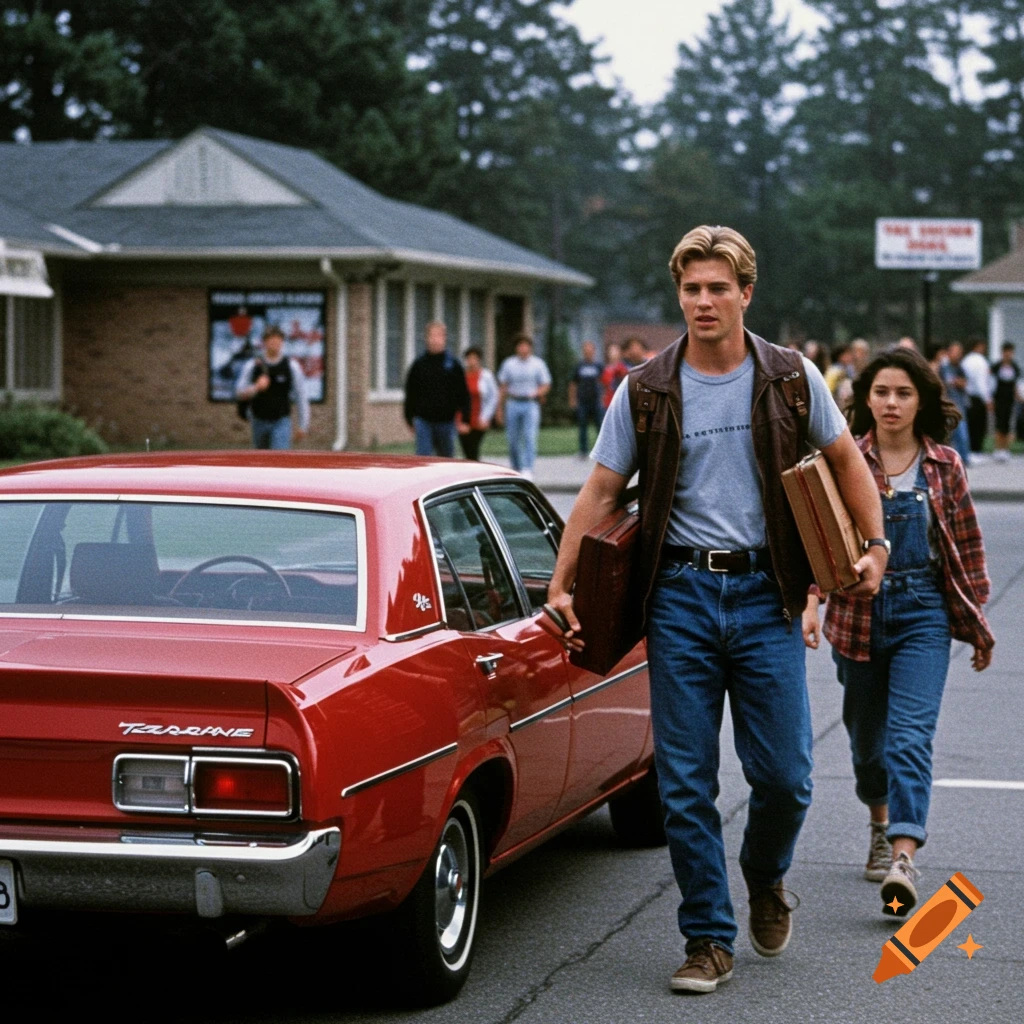 A man and woman walk away from a red car down a street with buildings and people.