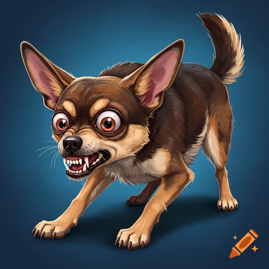 Illustration of an angry Chihuahua and German Shepherd mix dog.