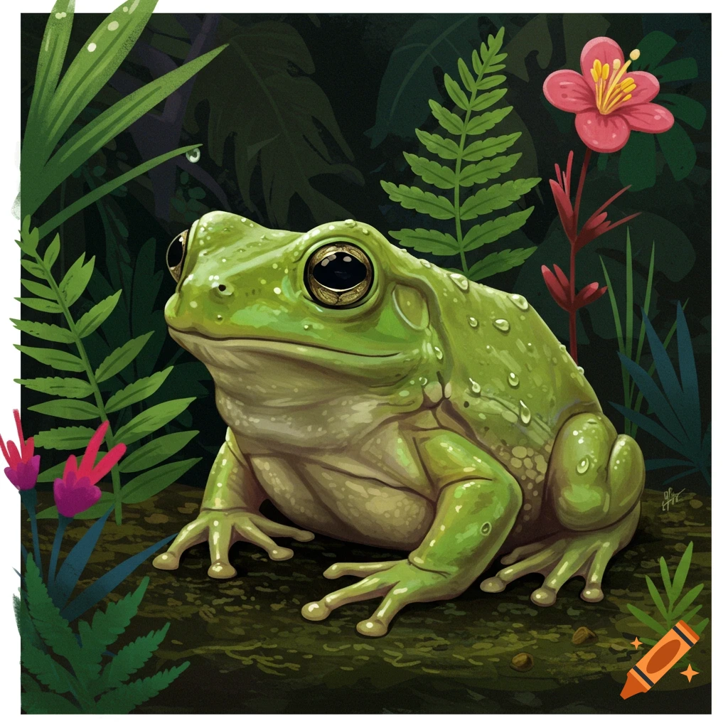 Digital illustration of a muscular green frog sitting on a mossy log in a jungle.