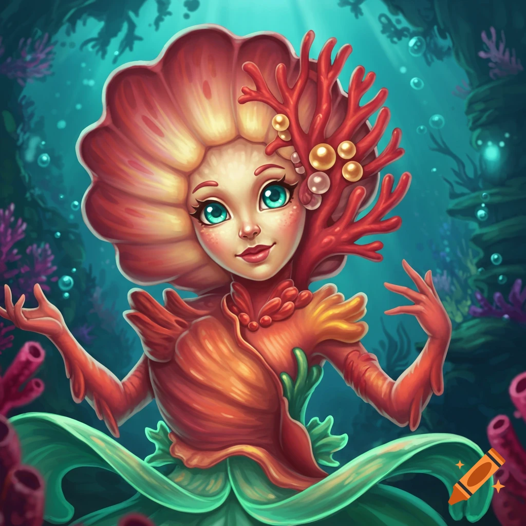 Cartoon illustration of a fantasy creature made of coral in an underwater scene.
