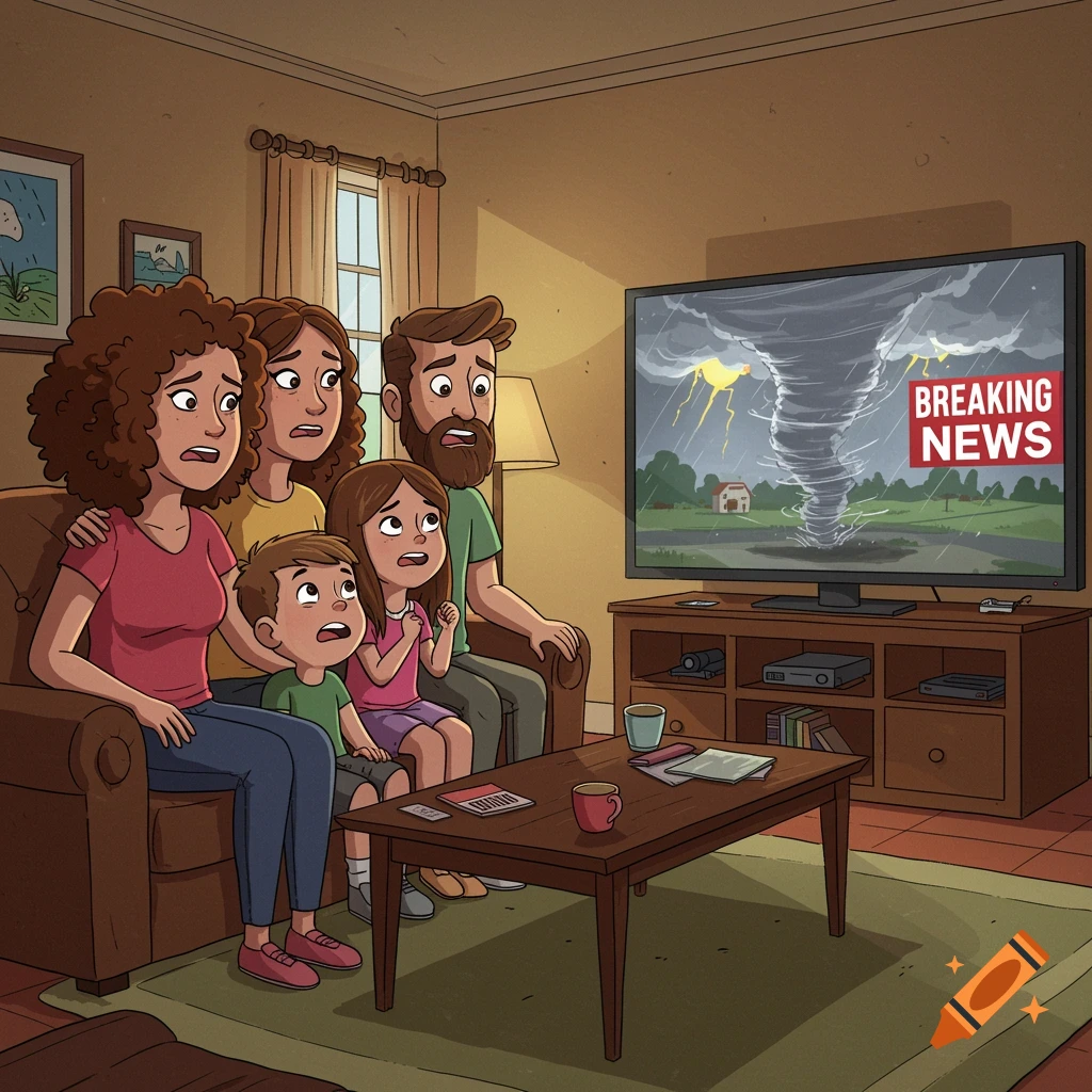 A cartoon illustration shows a family watching breaking news about a tornado on television.