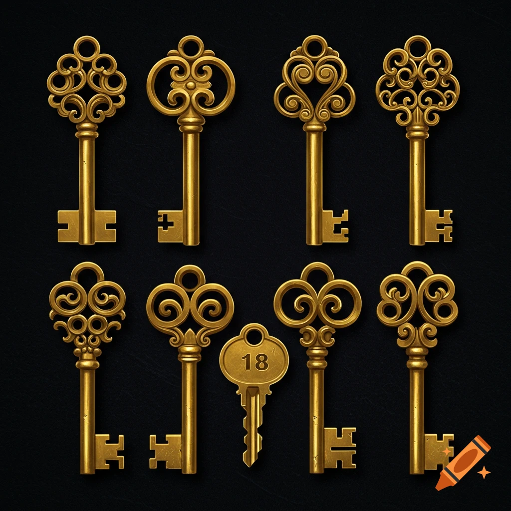 Eight ornate antique golden keys on a black background