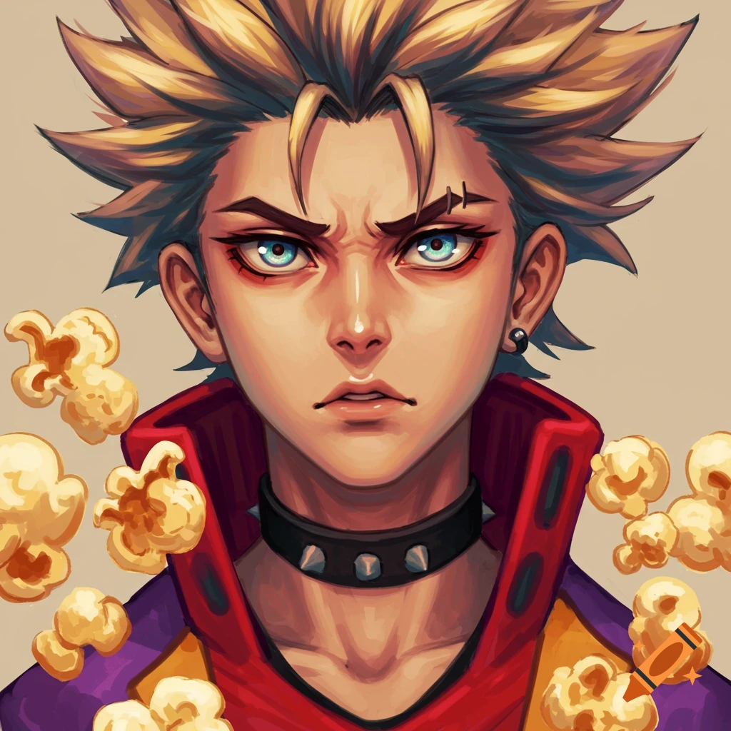 Anime portrait of a serious character with popcorn.