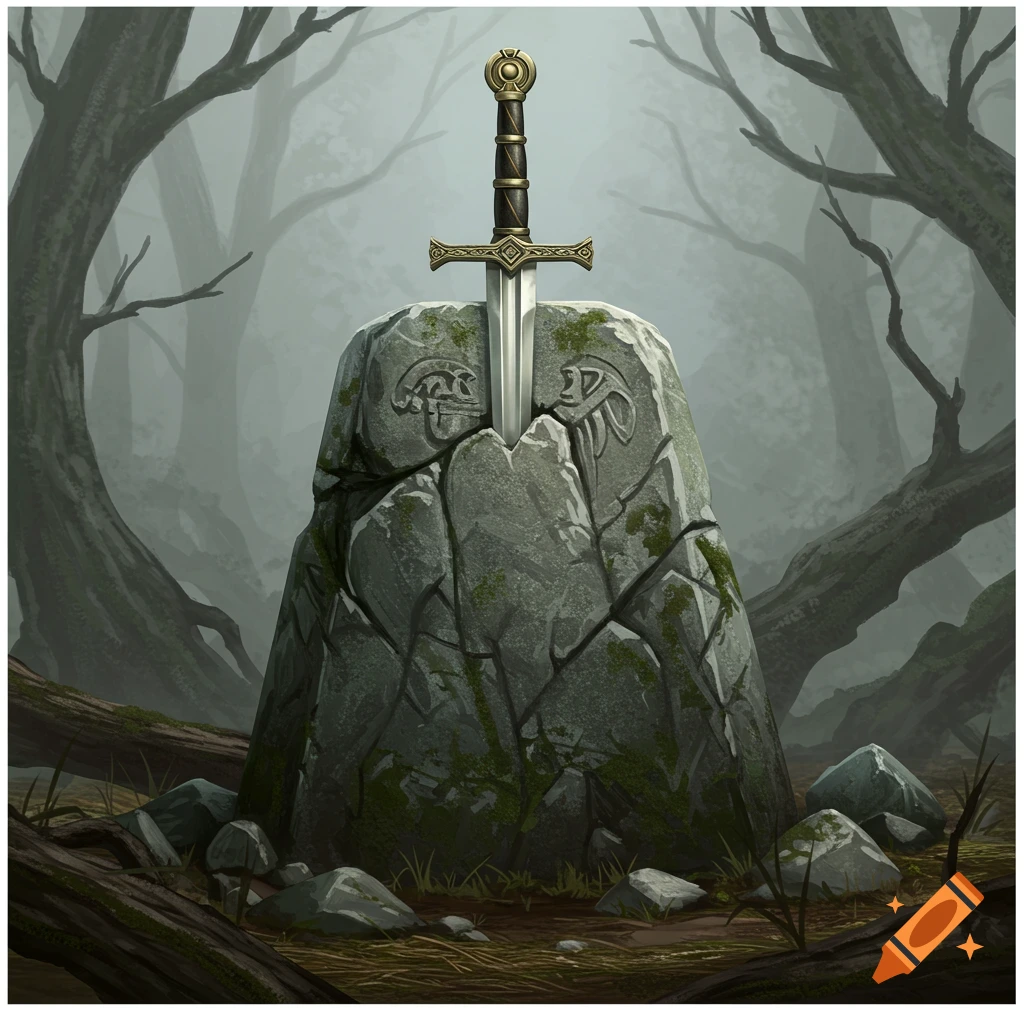 A sword is stuck in a large stone in a misty forest.
