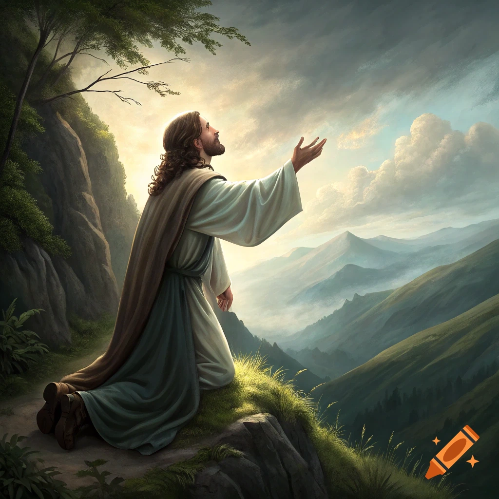 Jesus kneels on a mountain peak, praying with outstretched hand under a dramatic sky and mountain view.