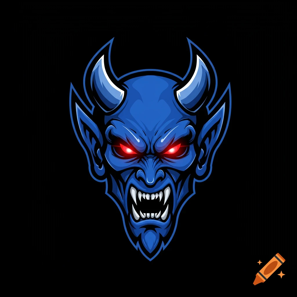 Blue devil logo with red eyes and horns on black background.