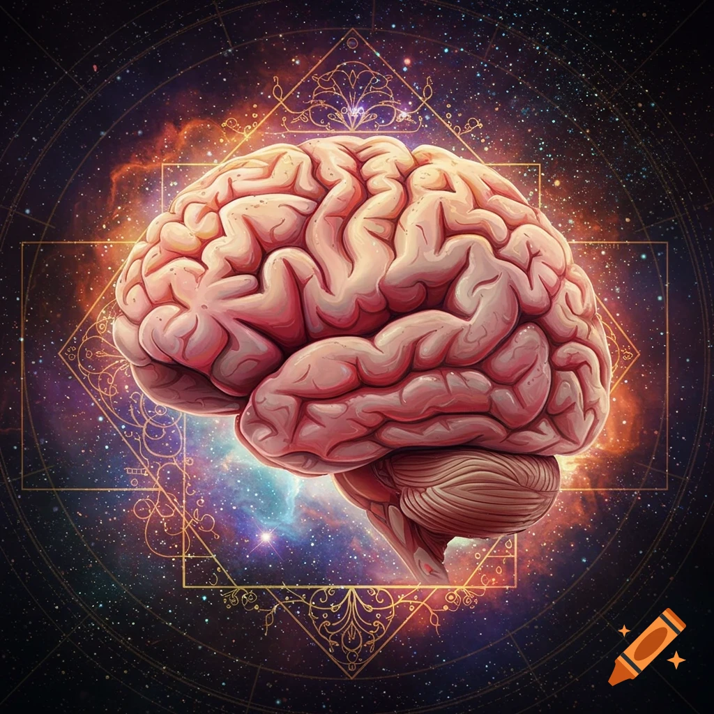 A stylized brain floats in space surrounded by stars, galaxies, and golden geometric patterns.