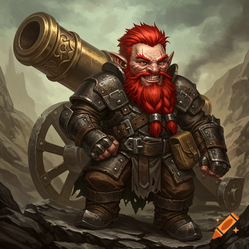 Fantasy art of a male rock gnome artillerist with red hair and armor standing beside a large cannon.