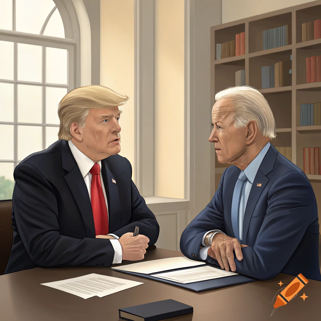 Illustrative image of Donald Trump and Joe Biden sitting at a table in an office.