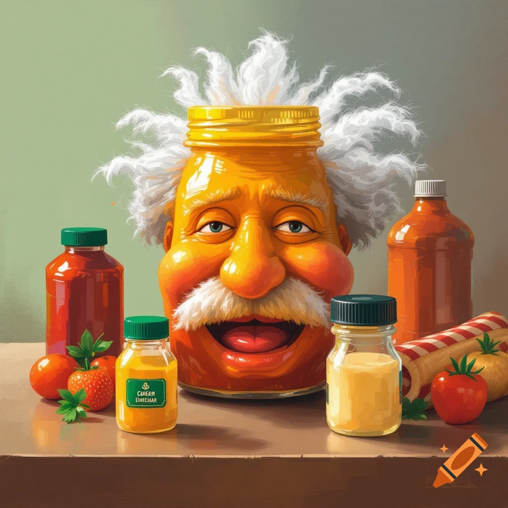 A condiment jar made to look like Albert Einstein is surrounded by bottles and produce.