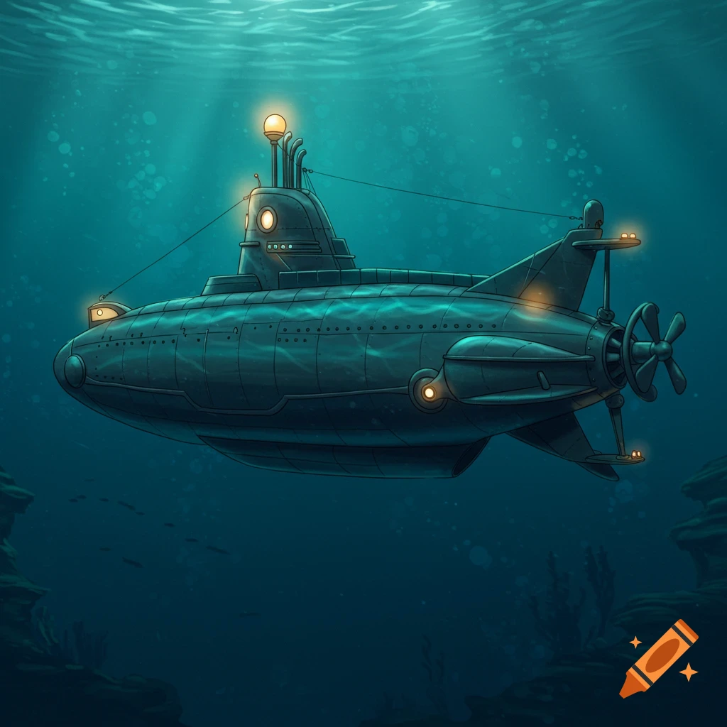 A stylized illustration of a submarine submerged in deep blue water.