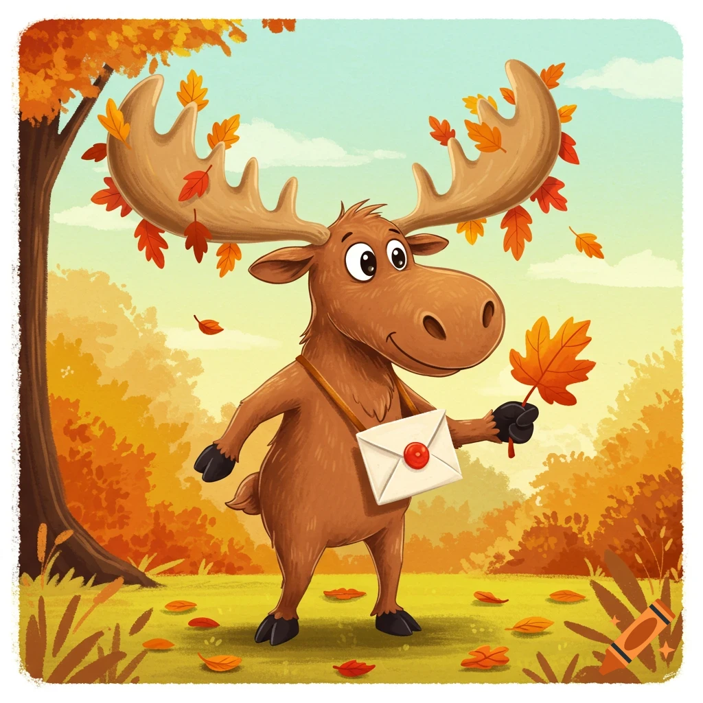 A cartoon moose in an autumn forest holds a letter and a large orange leaf.