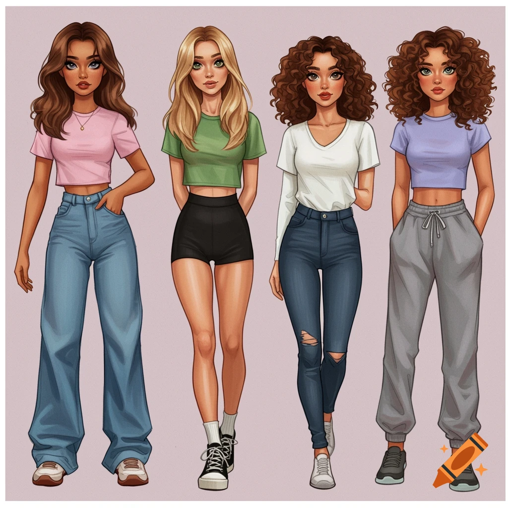 Four illustrated young women standing, wearing different casual outfits including crop tops, jeans, shorts, and sweatpants.