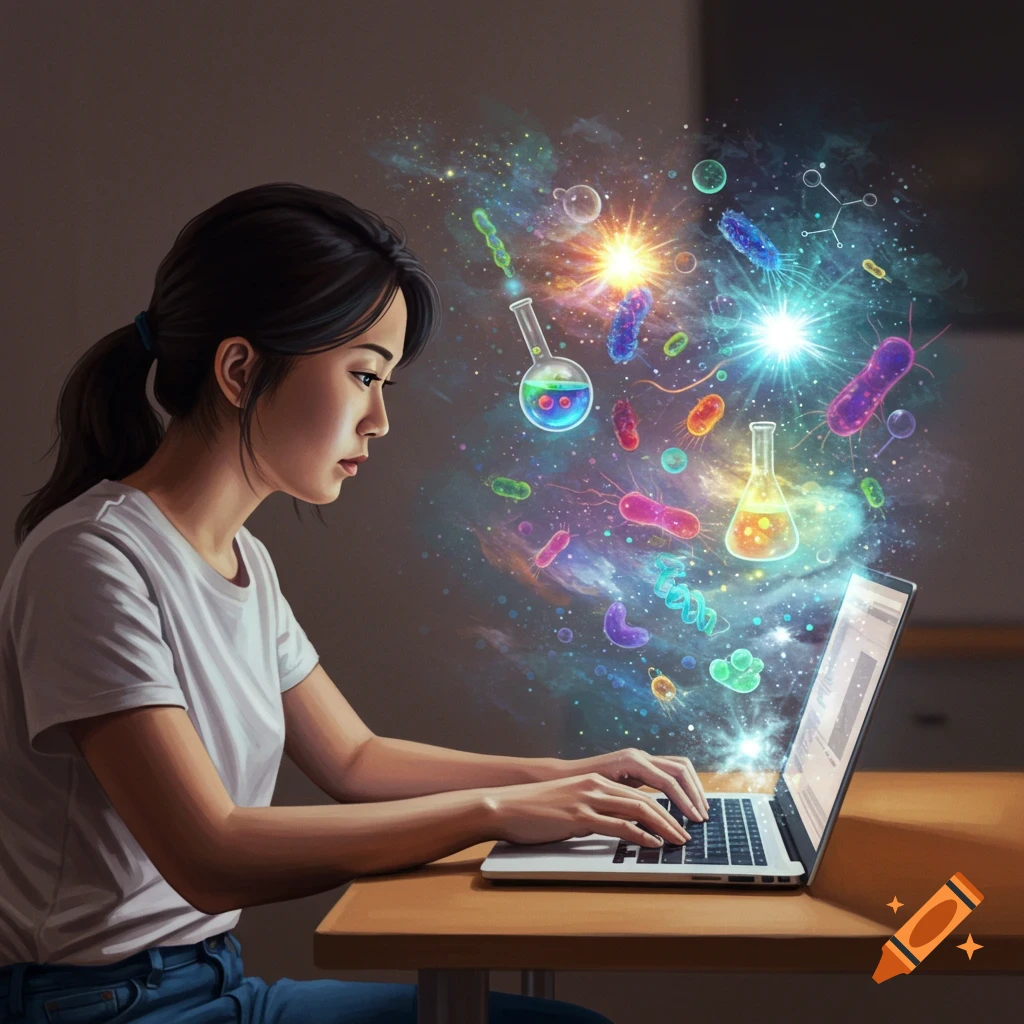 Biology student typing on laptop with glowing bacteria, flasks, and light emerging from screen