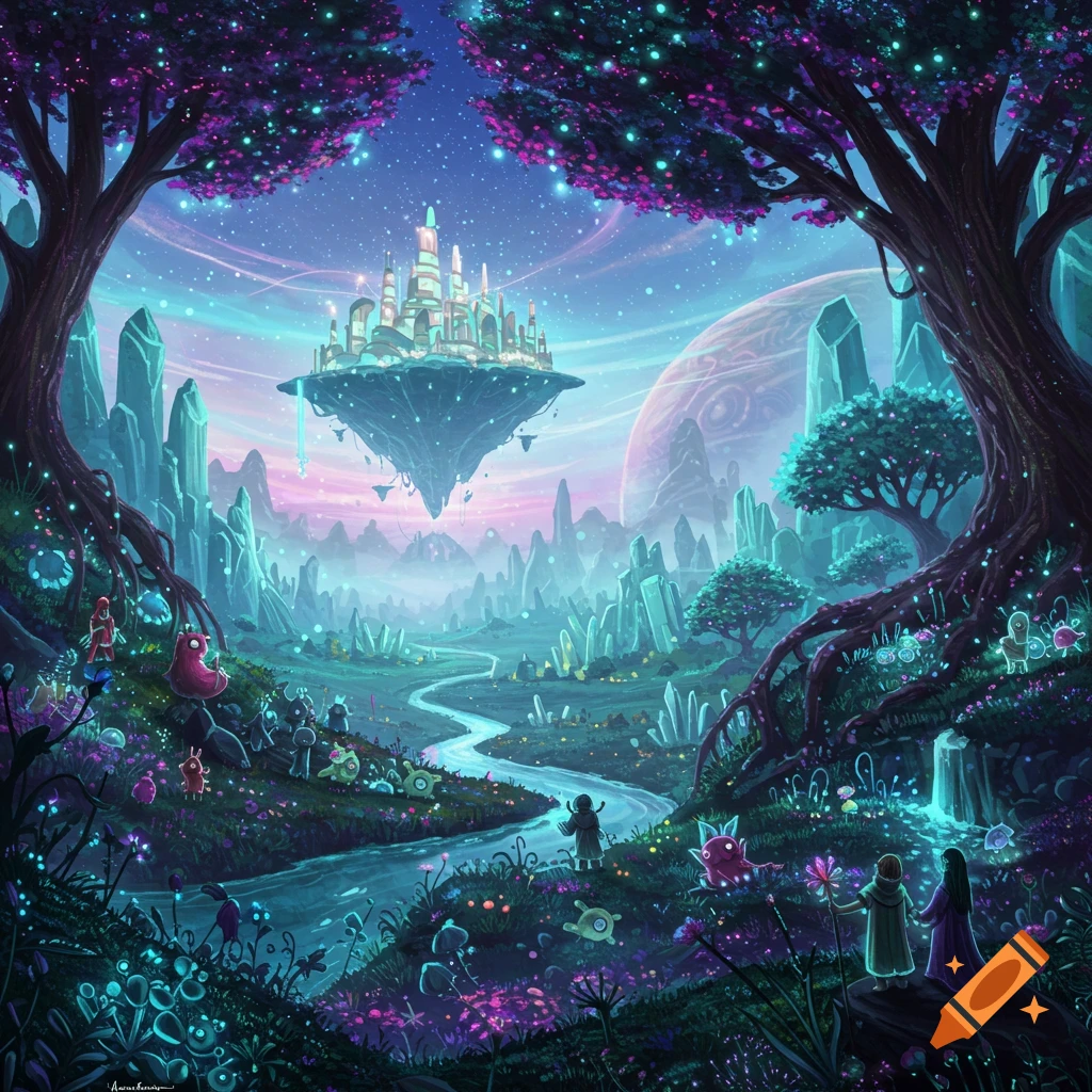 Vibrant fantasy landscape with floating city, winding river, glowing crystals, large trees, alien creatures, and a large planet in the sky.
