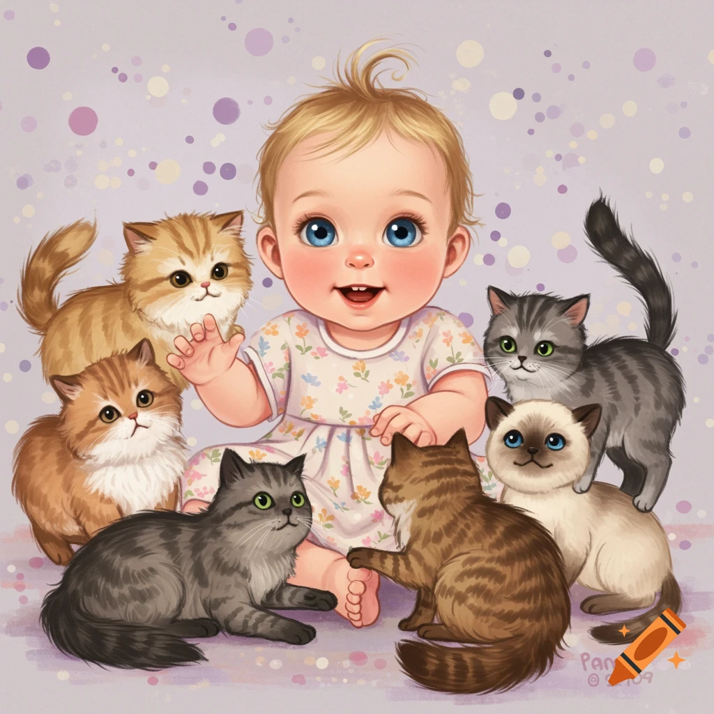 Illustration of a baby sitting with several kittens.