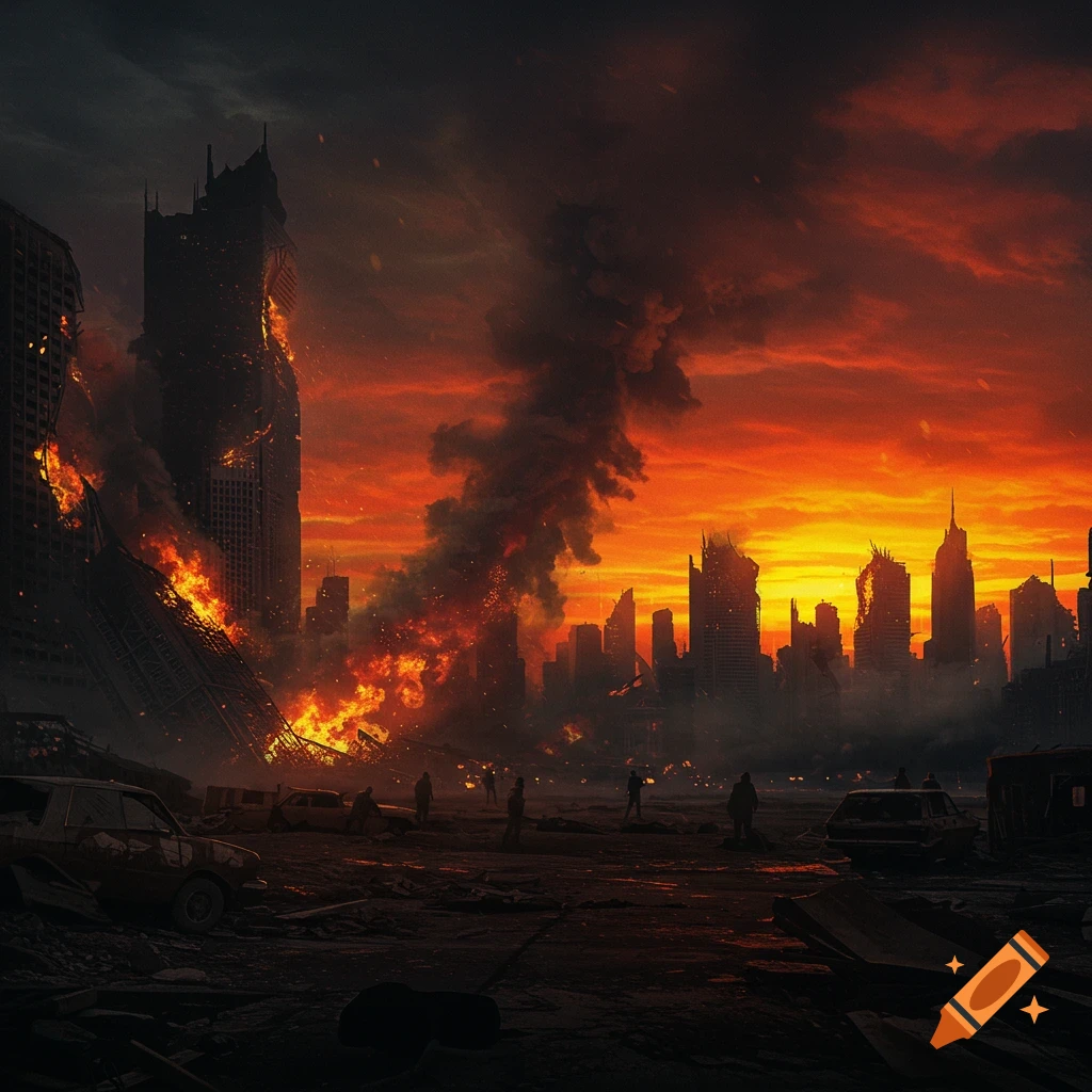 Ruined city skyline at sunset with fires and smoke