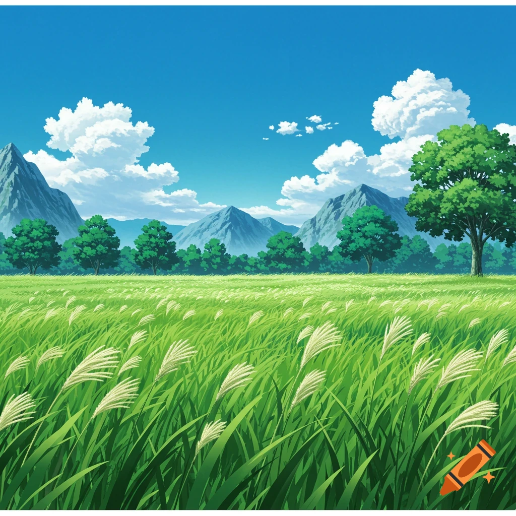 Anime landscape with tall grass, trees, mountains, and clouds in a blue sky