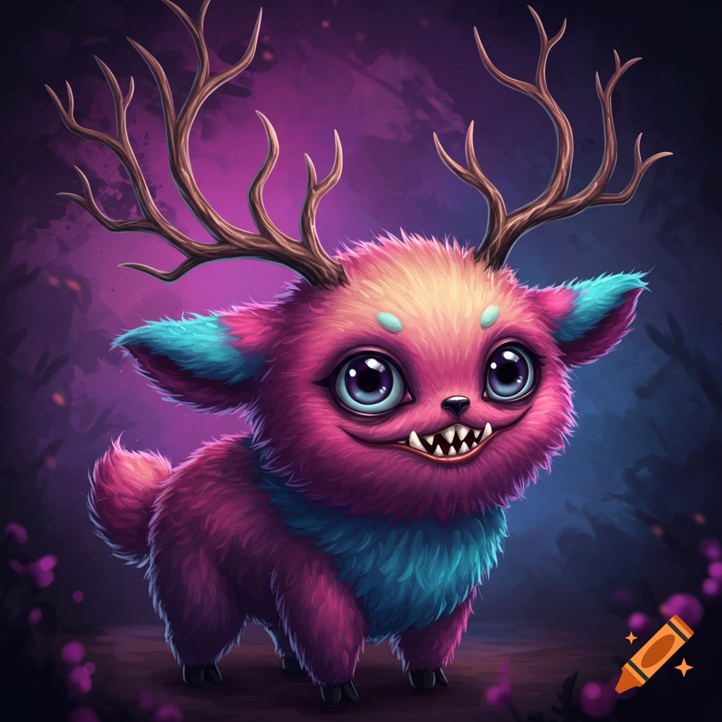 A furry pink and blue creature with antlers and big eyes.