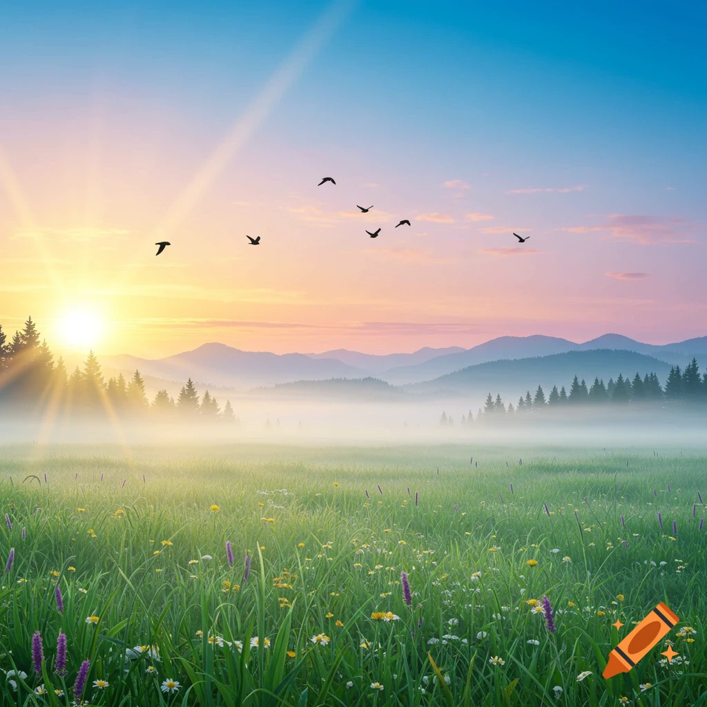 Sunrise over a foggy mountain landscape with a flower field and birds flying.
