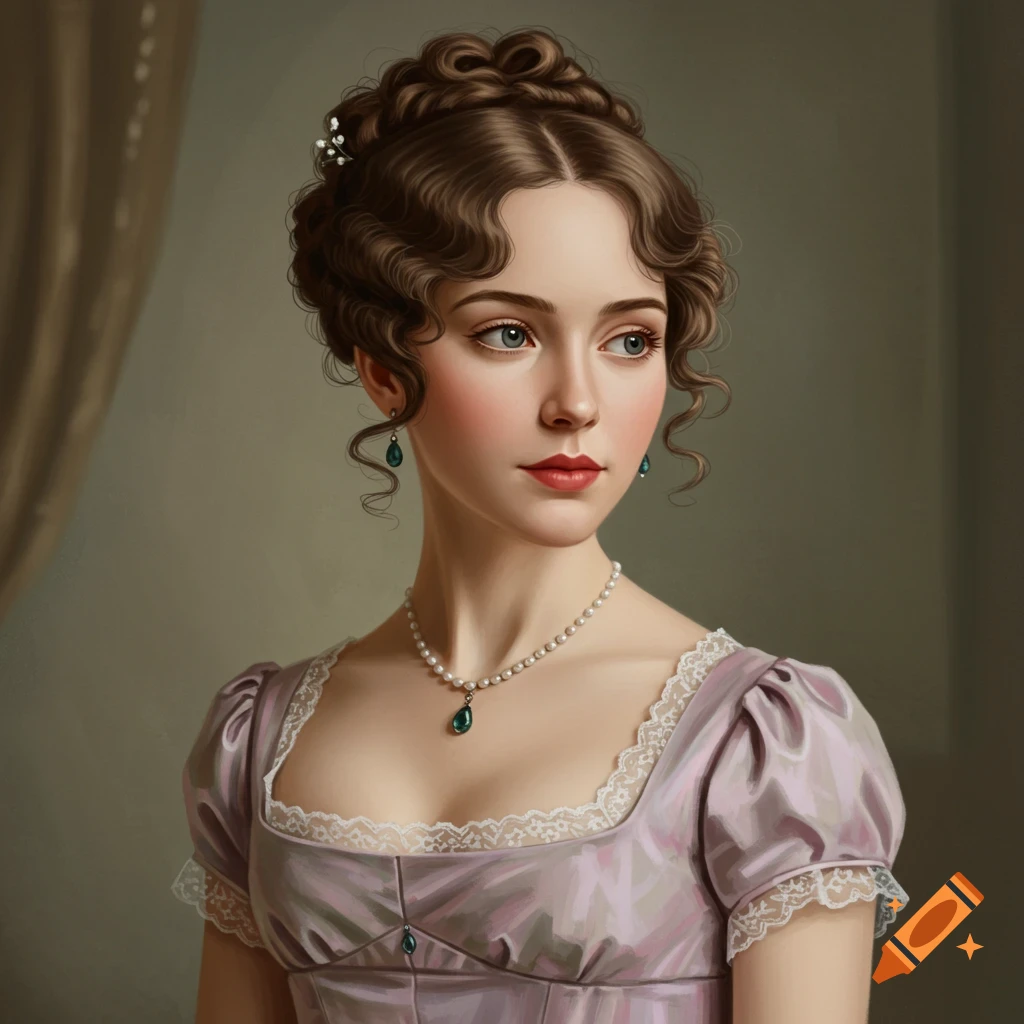 Portrait of a woman in a Regency dress and pearls, painted in a digital oil style.