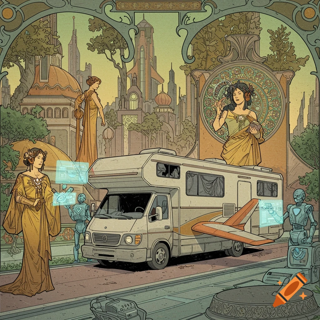 An Art Nouveau style illustration of an RV in a futuristic city with people and robots.
