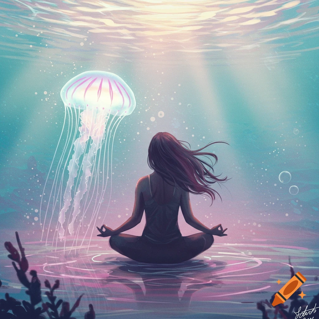 A person meditates underwater, facing a glowing jellyfish. Light rays shine from above in an illustrated style.