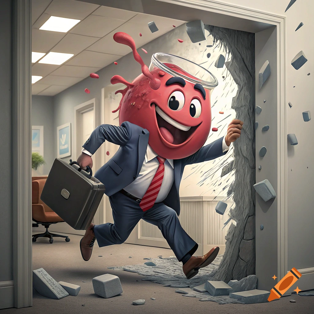Kool-Aid man character in a suit with a briefcase bursts through a wall in an office hallway.