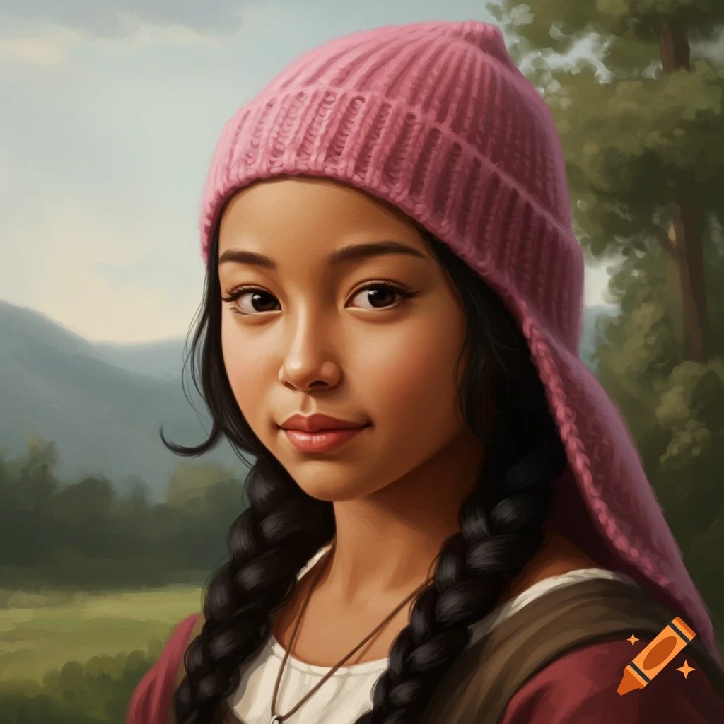 Painted portrait of a young girl with braids and a pink knitted hat outdoors