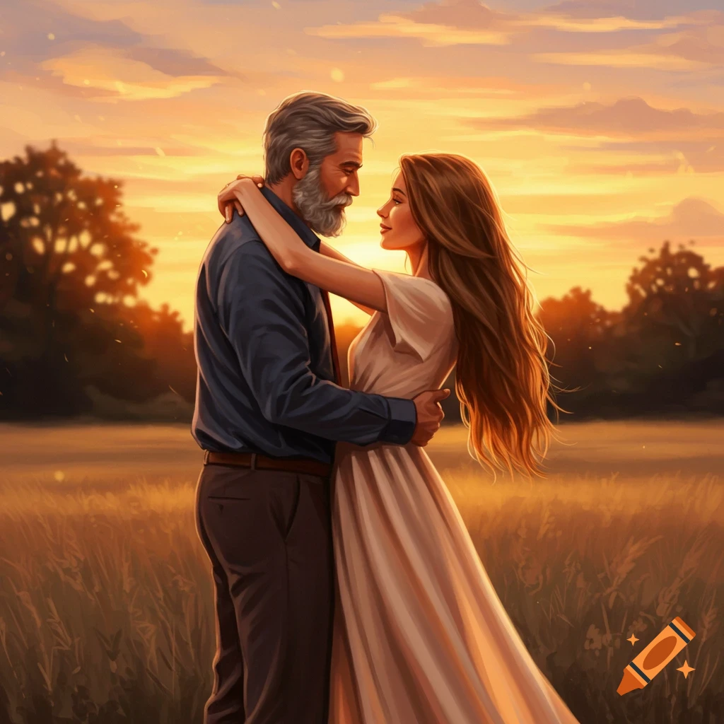 Man and woman slow dancing in a field at sunset.