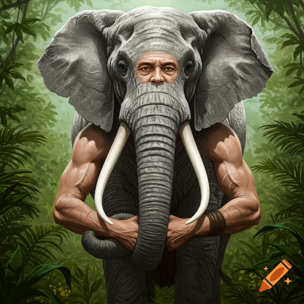 A man-elephant hybrid creature stands in a jungle.