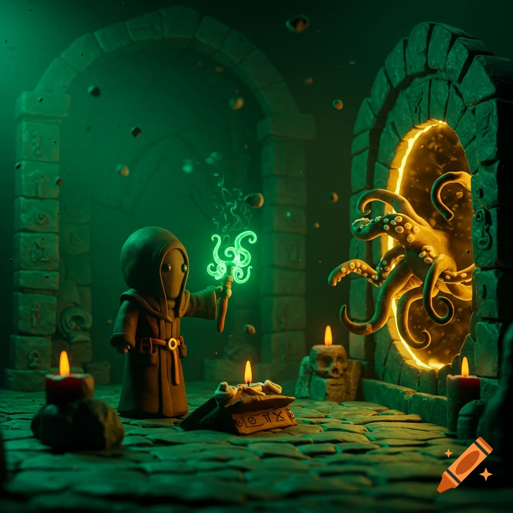 A cute claymation cultist summons a tentacled Lovecraftian monster from a glowing portal in a green-lit catacomb.