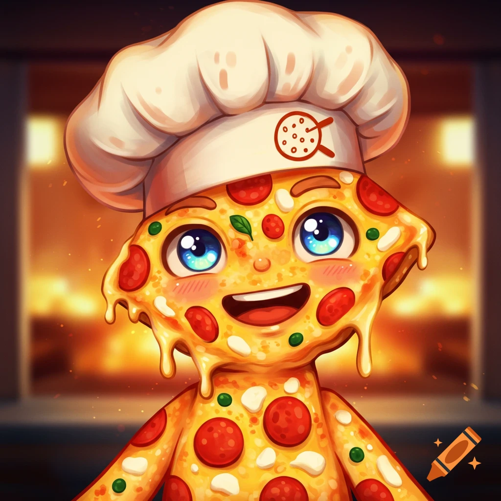 Cartoon pizza character with chef hat