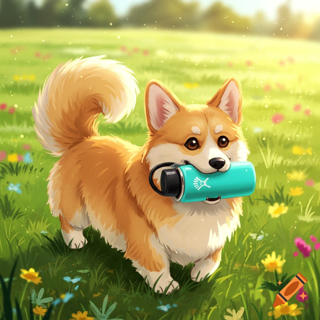 Cute illustration of a corgi carrying a turquoise bottle in a sunny grassy field.
