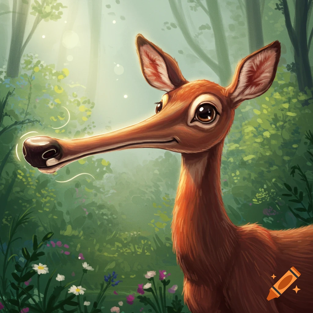 Illustration of a deer with a long snout in a forest.