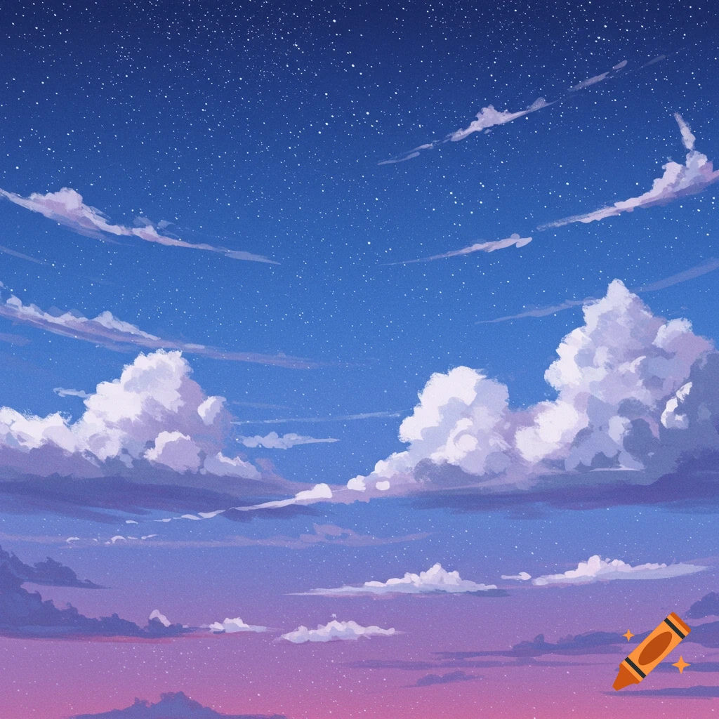 Stylized sky with blue and purple clouds and scattered stars at twilight
