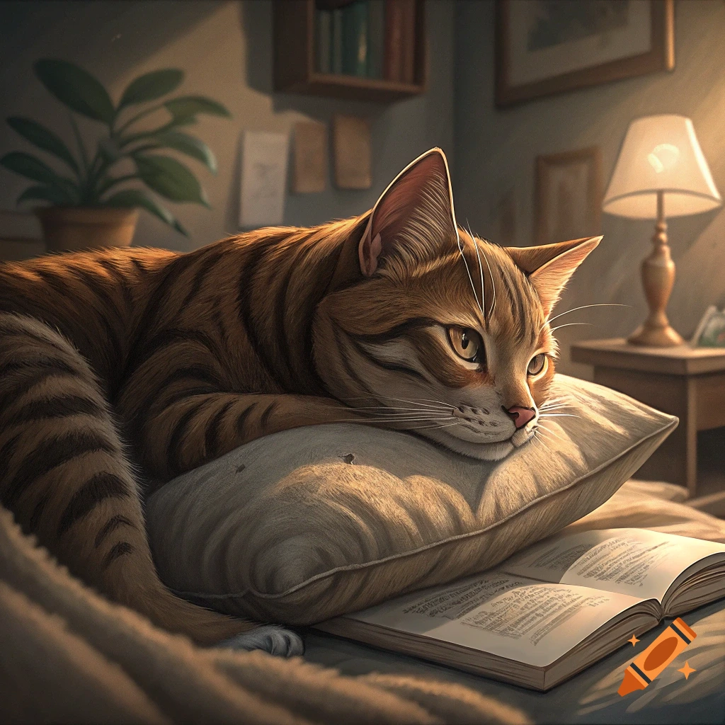 A brown and black striped cat lies on a pillow over an open book in a warm, cozy room.