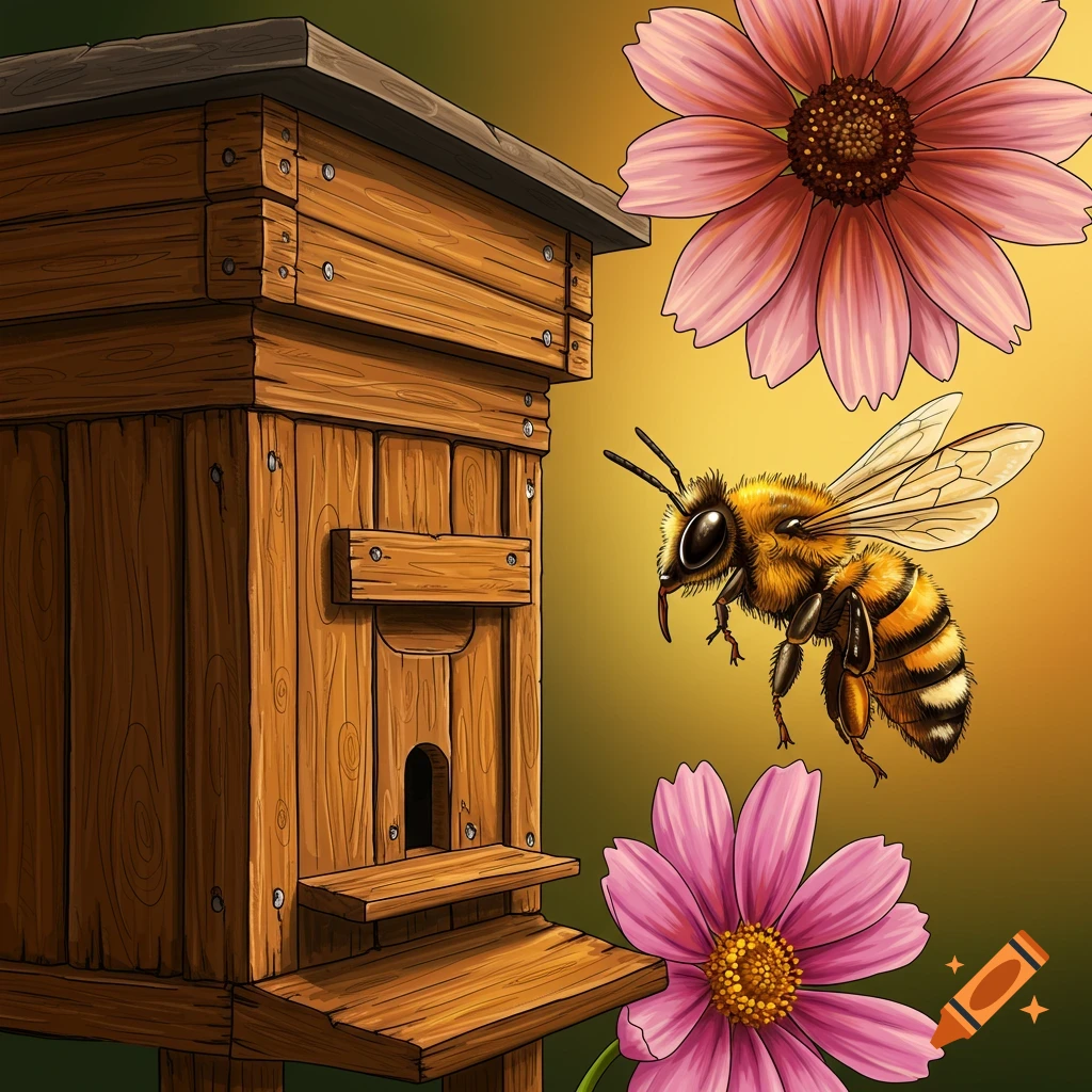 Illustration of a honey bee flying near a wooden beehive and pink flowers