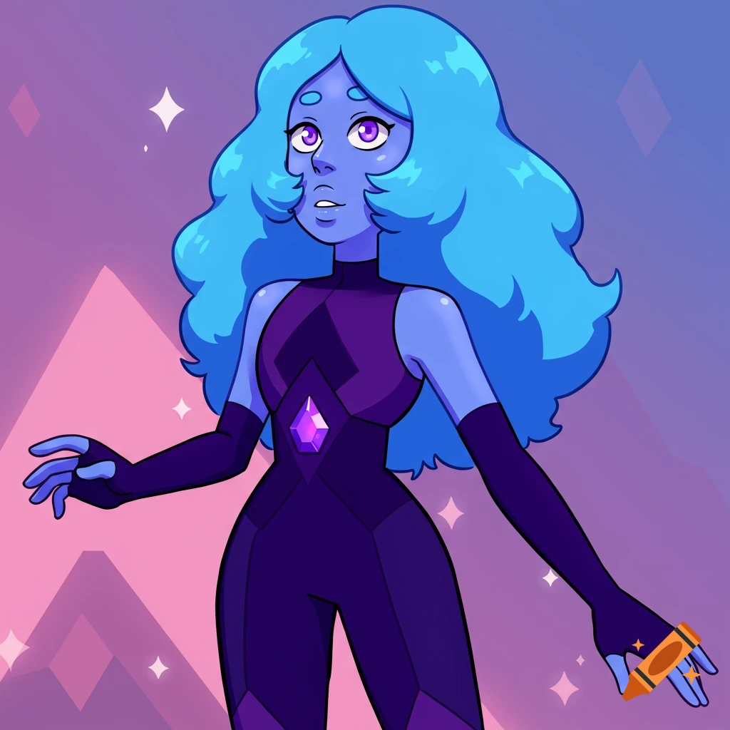A cartoon character with blue skin, blue hair, and purple eyes in a purple jumpsuit.