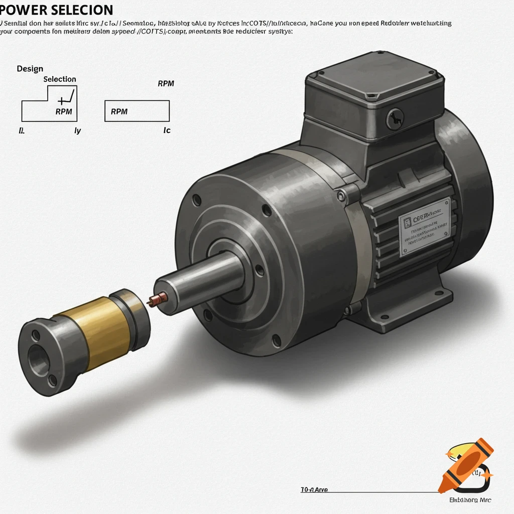 Technical illustration of an electric motor with diagrams and attached component.