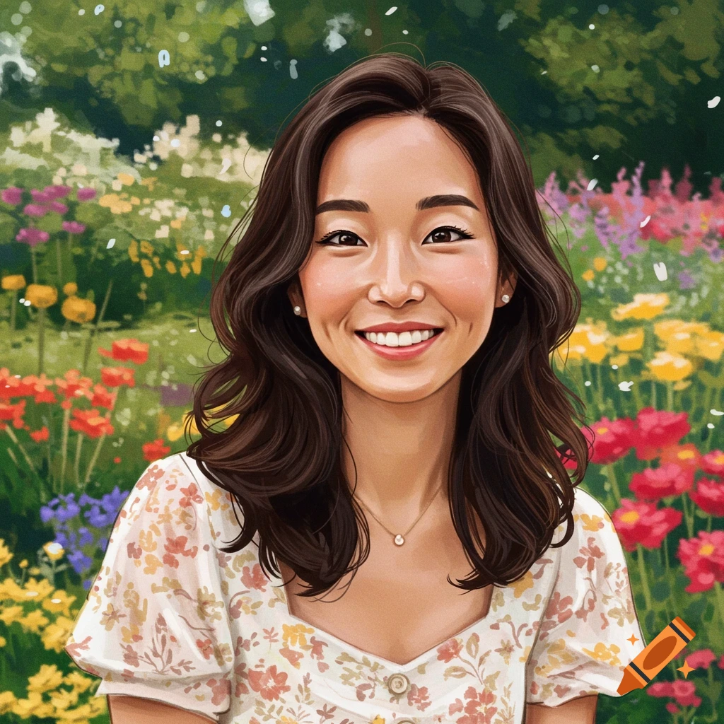 A smiling woman in a floral dress stands in a garden in a painting style.