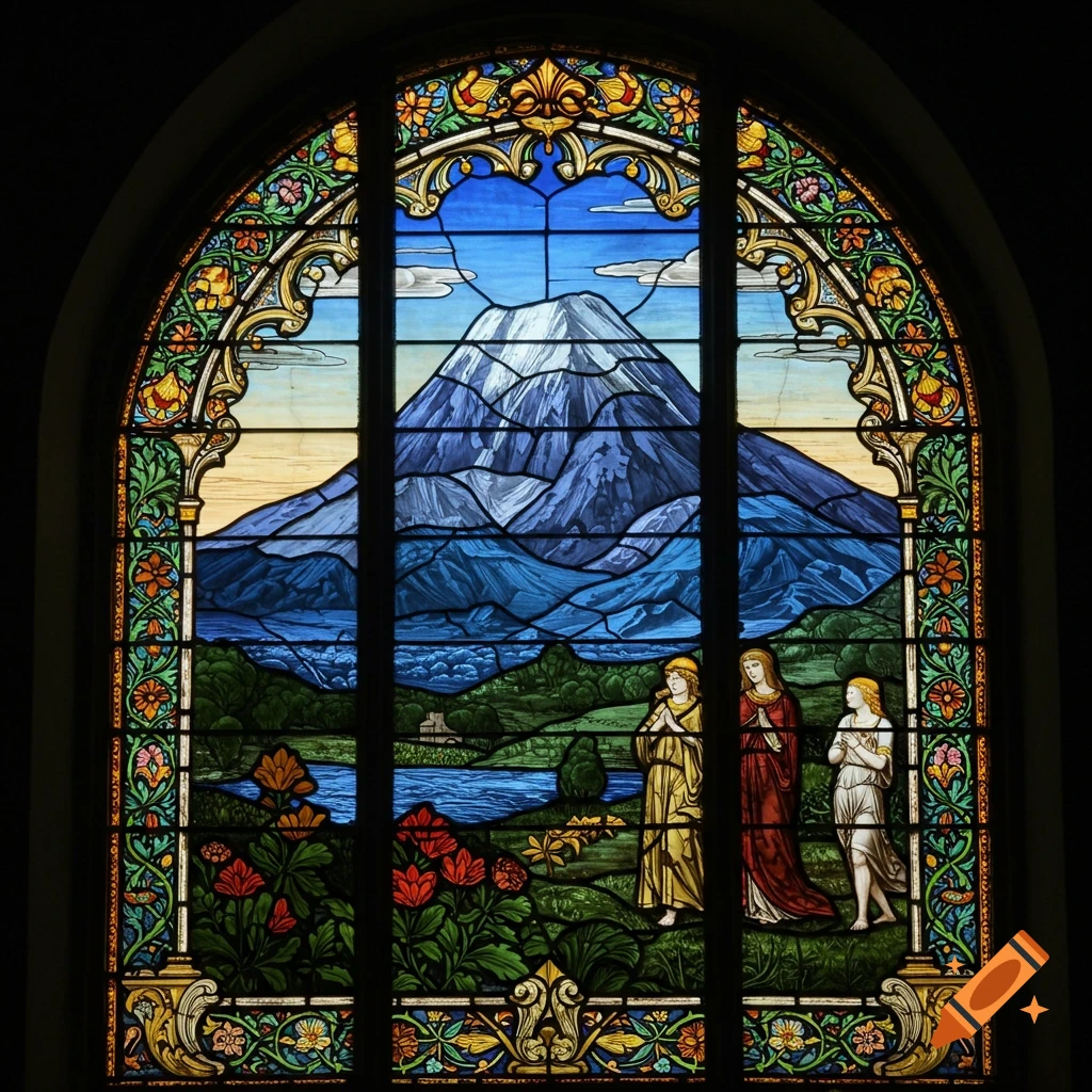 Stained glass window depicting a mountain landscape with a lake, flowers, and three figures in robes.